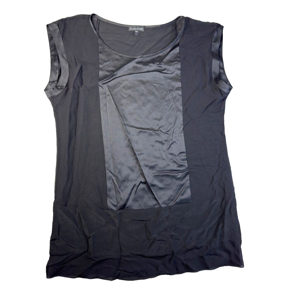 Eileen Fisher Top Womens Small Black Short Sleeve Silk Blocked Charmeuse Shirt